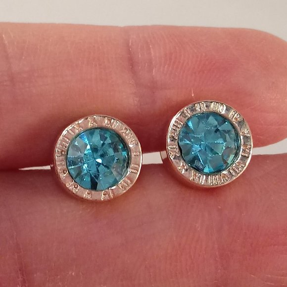 Mens Silver Stainless Steel Diamond Zircon Lake Blue Bezel Stud Earrings 1.28ctw - Picture 3 of 4